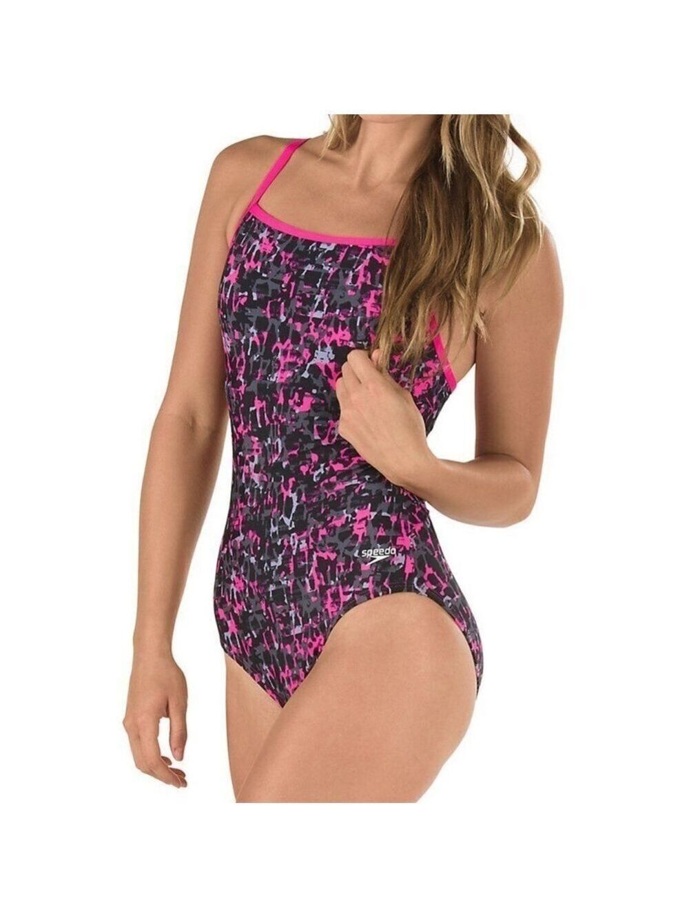 SPEEDO Endurance Lite Black Pink print Muscle Back 1 Piece Swimsuit 8